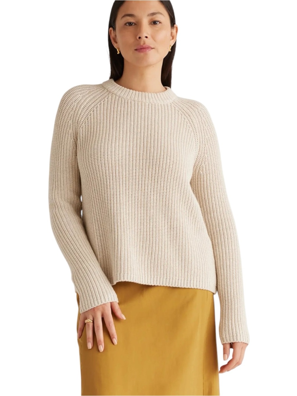 QUINCE 100% Organic Cotton Fisherman Crewneck Sweater Speckled Beige Medium
